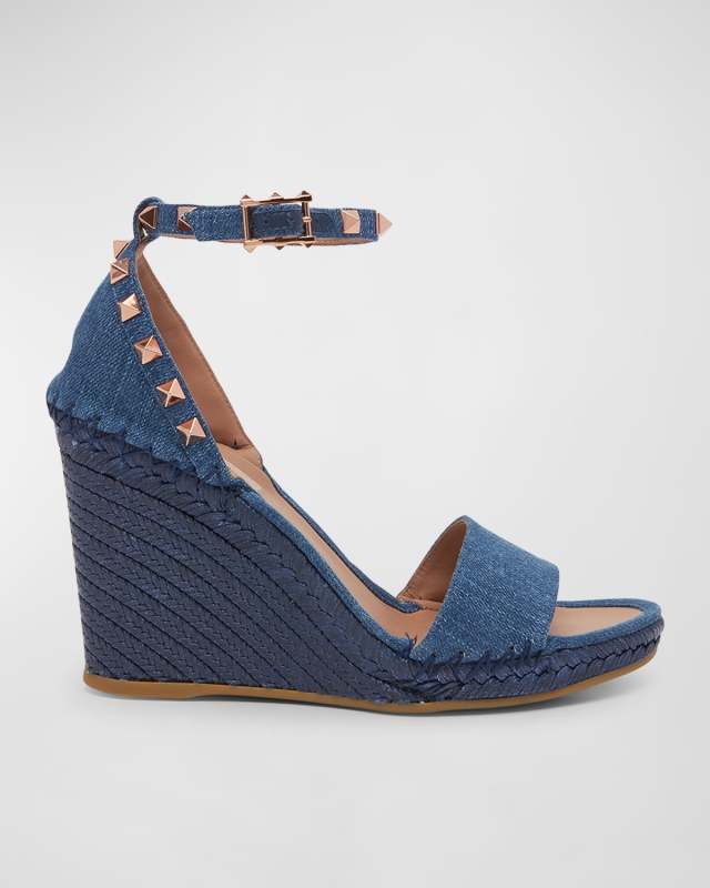 Rockstud Denim Wedge Espadrille Sandals